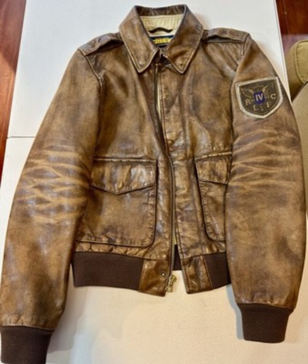 Rugby Ralph Lauren Vintage Brown Leather A-2 Bomber Jacket with RLFC Patch, Size